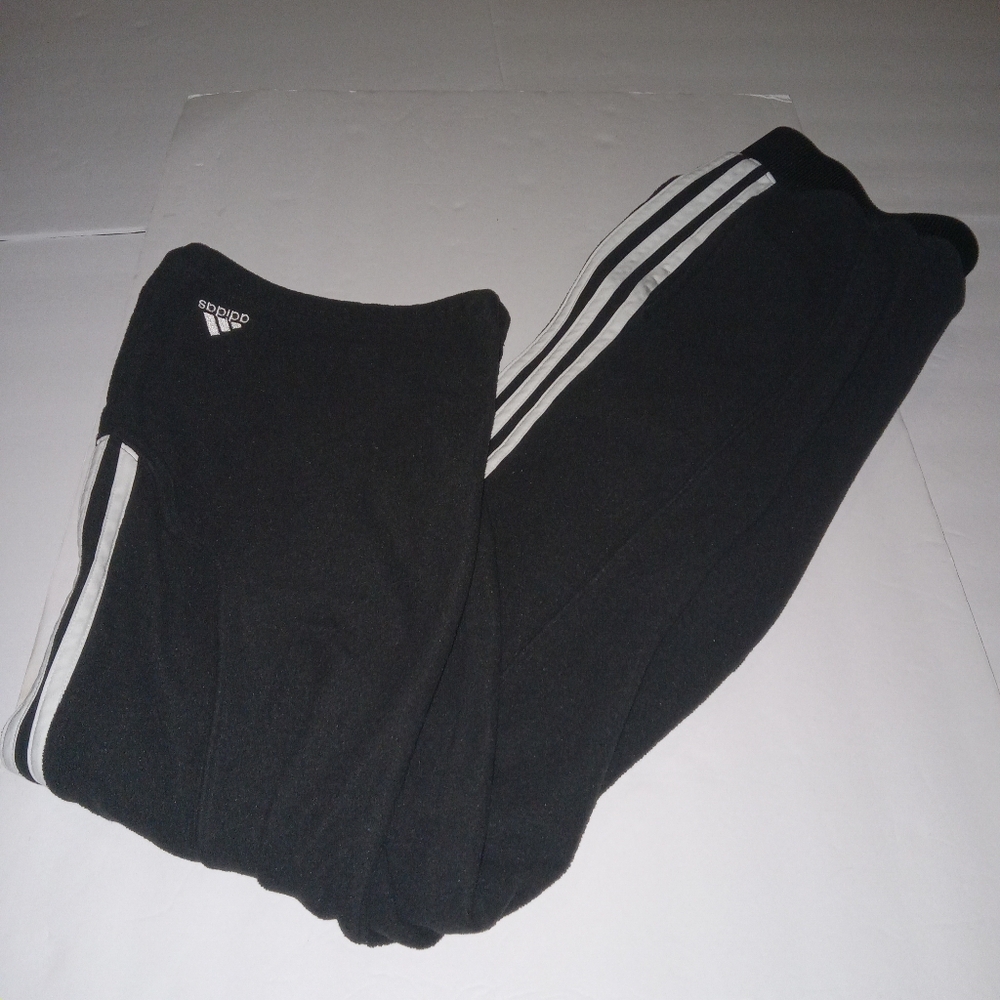Adidas Fleece Track Pants Womens L Black White 3 Stripe Warm Athletic Gym Yoga